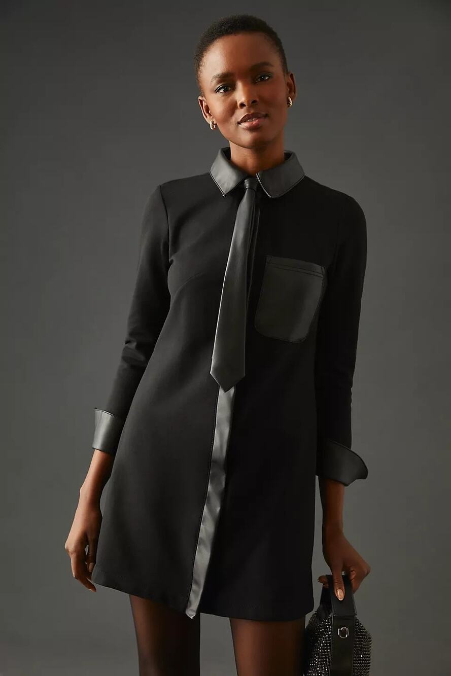 New Anthropologie Maeve Faux Leather Neck Tie Shirt Dress $160 X-SMALL
